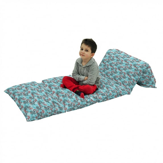 Peacock Floor Pillow Lounger Cover, Peacocks and Snowflakes Classic Traditional Patterns Crystal Christmas Seasonal, Nap Mat Printed Fabric Case for 5 Pillows, 88" x 36", Sky Blue Red, by Ambesonne