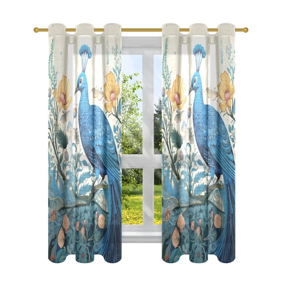Peacock Floral Flowers Leaves Blackout Curtains Patio Door Curtains Window Decoration for Bedroom Living Room 2 Panels