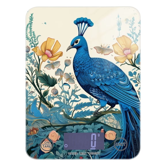 Peacock Floral Flowers Leaves Food Scale Digital Kitchen Scale Waterproof Tempered Glass Tare Function 11 lb for Baking Cooking Meal Prep