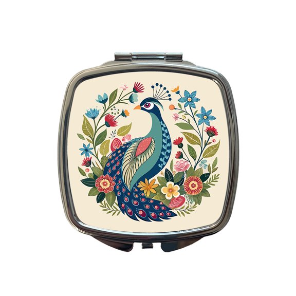 Peacock Floral Flowers Travel Makeup Handbag Purse Small Pocket Compact Mirror