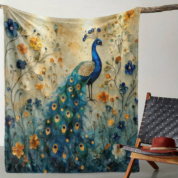 Peacock Floral Print Flannel Throw Blanket - Soft, Warm & Cozy for Couch, Bed, Car, Office, Camping | All-Season Gift Blanket