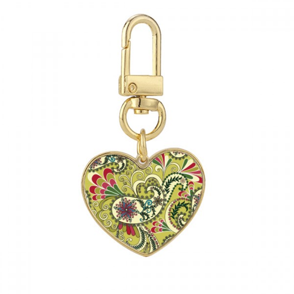 Peacock Flower Feather Pattern Gold Heart Keychain Metal Keyring Holder