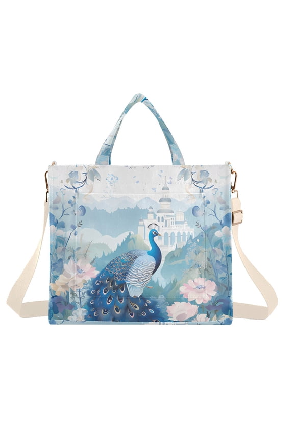 Peacock Flowers Castle Corduroy Tote Bag Handbag Large Messenger Bag Shoulder Crossbody Zipper Bag Purse