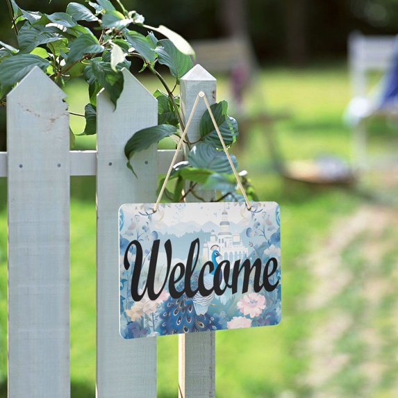 Rustic Welcome Flowers Peacock Flowers Castle Welcome Sign for Front Door Porch Wreath Door ...