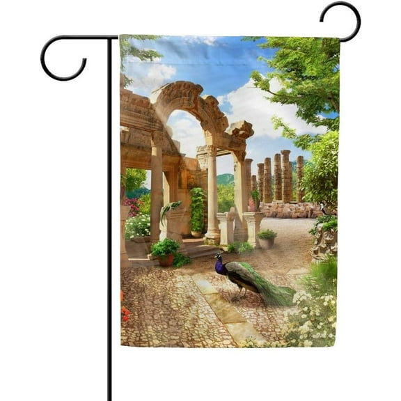 Peacock Flowers Ruins Architecture Double Sided House Flag 28x40 inch Decorative Yard Flag for Outdoor