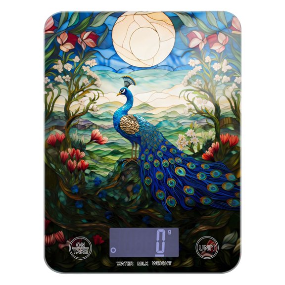 Peacock Flowers and Moon Leaves Food Scale Digital Kitchen Scale Waterproof Tempered Glass Tare Function 11 lb for Baking Cooking Meal Prep