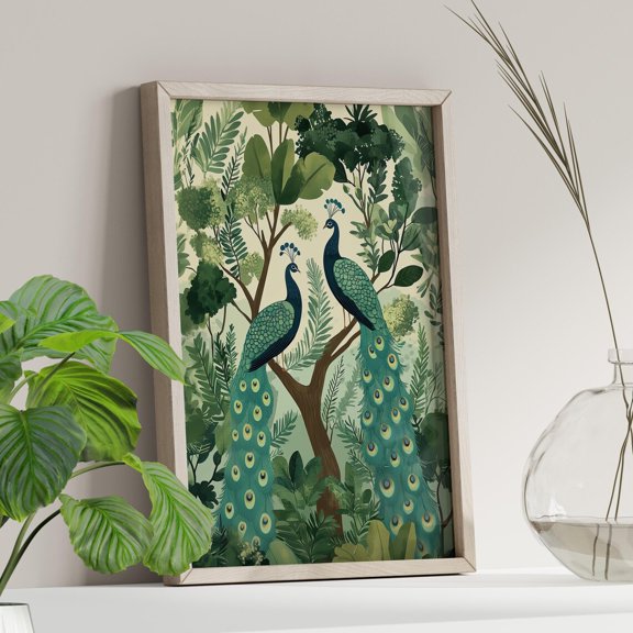Peacock Forest Emerald Teal Nature Pastel Green Bird Pattern Whimsical Foliage Botanical, Unframed Canvas