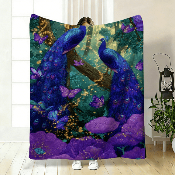 Peacock Garden-Themed Polyester Flannel Blanket – Soft, Warm Throw for Bed, Sofa, Travel, Camping – 3 Sizes