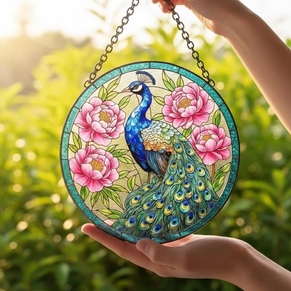 Peacock Glass Suncatcher, Colorful Peacock & Peony Window Hanging, Bird Art, for Mom or Grandma, for Bird Lovers, 3.5 in