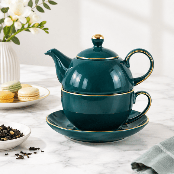 Peacock Green Ceramic Tea For One Set 12oz Teapot and 8.2oz Cup