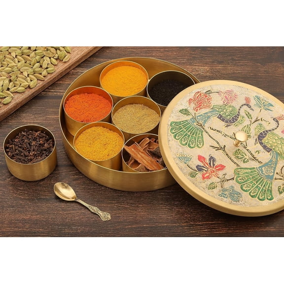 Peacock Handcrafted Indian Brass Spice Box Masala Container With 7 Compartments and Lid |Masala Box Dabba Set | Food Spice Storage Rack | Storage Box Masala Dani| 7 Inch
