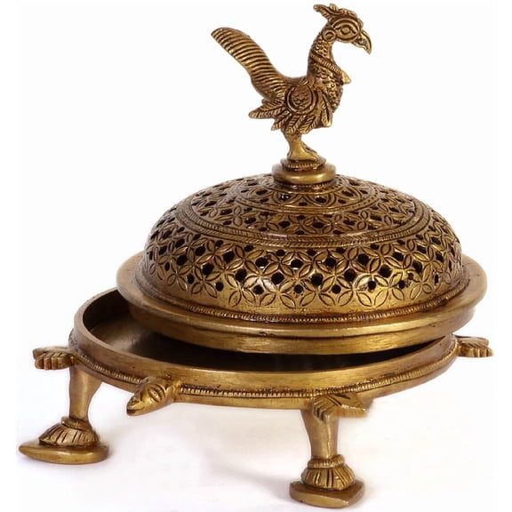 5" Peacock Incense Burner with Tortoise Base In Brass | Handmade | Made In India