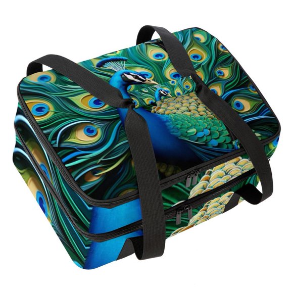 Peacock Insulated Double Layered Lunch Bag with Two Compartments, Large Capacity, Hand Carry, 7.1x11.4x16.1 Inches