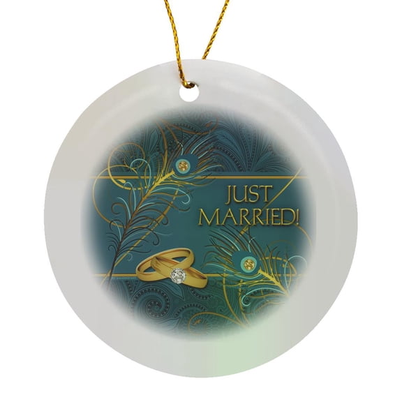 3drose, Peacock Just Married Wedding Rings in Teal and Gold, Circle Porcelain Ornament