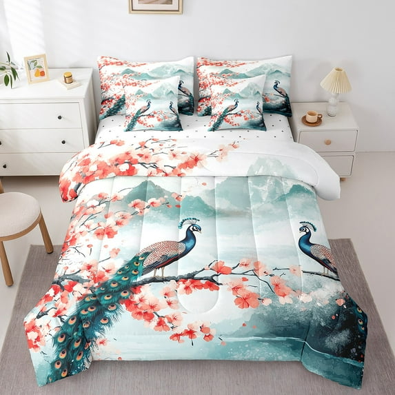 Peacock King Bed In A Bag 7 Piece,Japanese Comforter Set With Sheets Cherry Blossom Bedding Set Teen Women,Watercolor Mount Fuji Sakura Animal Bed Set Aesthetics Room Decor