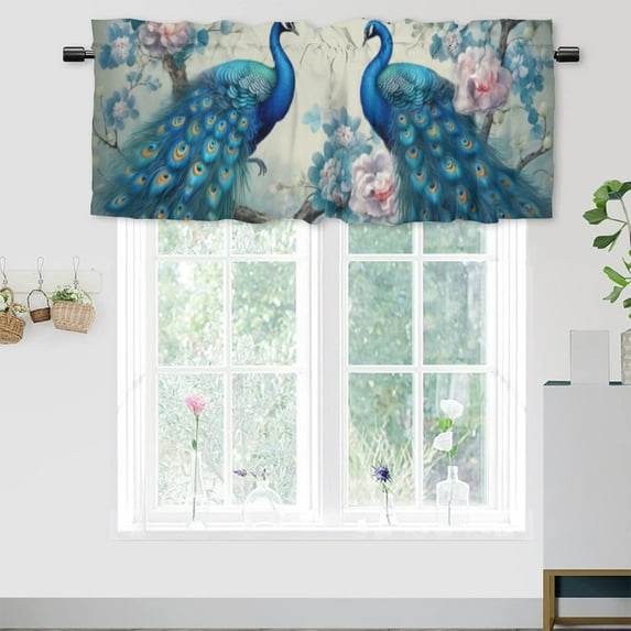 Peacock Kitchen Curtain Valances Blue Beautiful Bird Flowers Plant Watercolor Thermal Insulated Room Darkening Curtain for Dinning Room