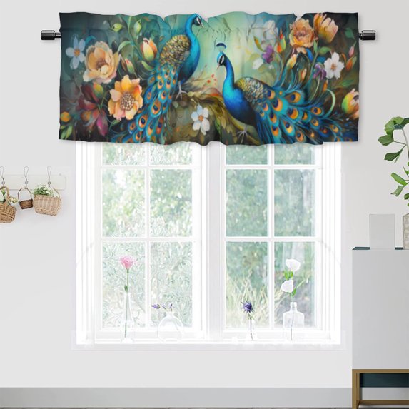 Peacock Kitchen Valance Curtains Watercolor Peacock Feather Animal Flowers Window Valance for Living Room Bedroom, Kitchen Valance Rod Pocket Window Decor Curtain 54 by 18 in, 1 Panel