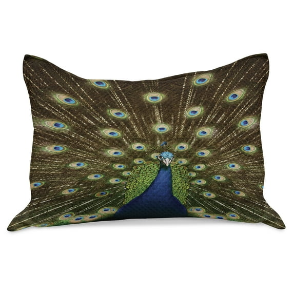 Peacock Knitted Quilt Pillowcover, Portrait of Animal Feathers out Vibrant Colors Birds Summer Garden, Standard King Size Pillow Cover for Bedroom, 30" x 20", Navy Blue Green Brown, by Ambesonne