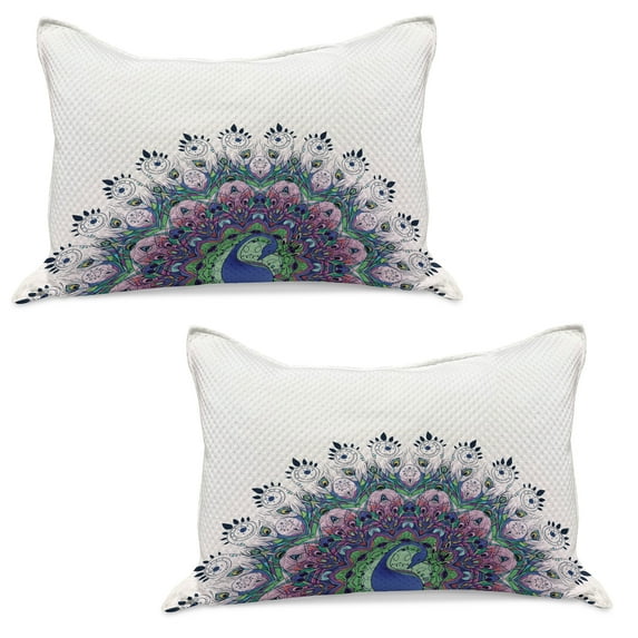 Peacock Knitted Quilt Pillowcover Set of 2, Peacock Illustration Exotic Wildlife Feather Ornament Vintage Oriental, Standard Queen Pillow Sham Bedroom, 30" x 20", Violet Blue Green Pink, by Ambesonne
