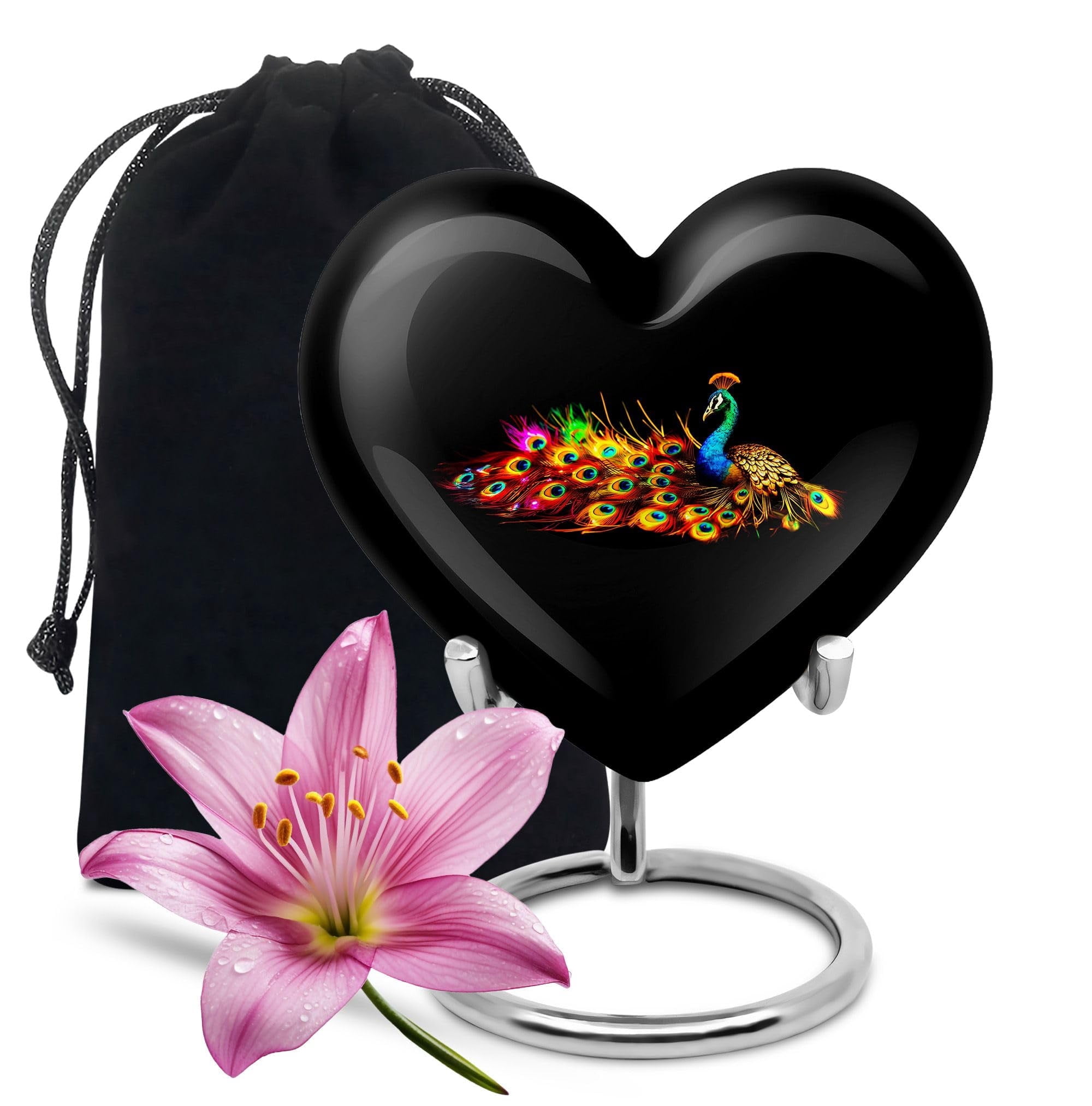 Peacock Large Urn for Women, Funeral & Burial Urns for Adult Human Ashes, Unique Cremation Urn for Men, Handcrafted Heart Urns for Humans Remain, Memorial Gift, Ash Holder, 10" Black