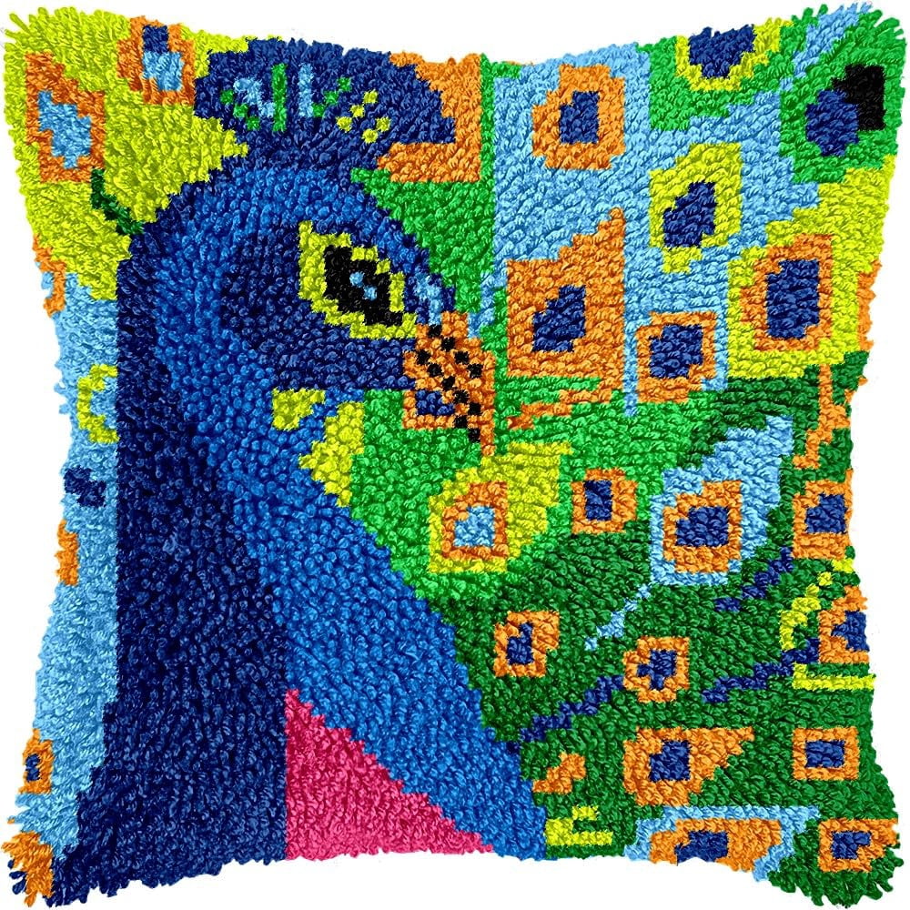 Peacock Latch Hook Pillow Kits for DIY Throw Pillow Cushion Embroidery Latch Hooking Pillowcase Kits with Preprinted Canvas Crochet Yarn Kits for Home Decor 17''X 17''(C98)