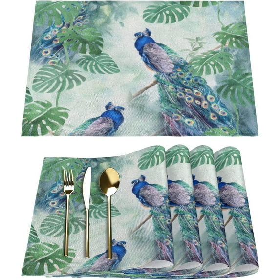 Peacock Leaves Placemats Set of 4 Rectangle Table Mats Washable Heat-Resistant Place Mat for Kitchen Dining Table Decor Indoor Outdoor