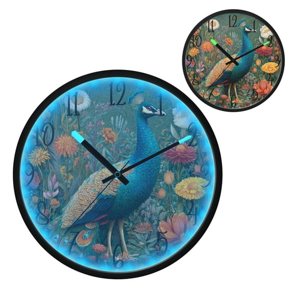 Peacock Luminous Wall Clock with Sound-Activated LED 12-Inch Silent Acrylic Timepiece for Bedroom Livingroom or Office
