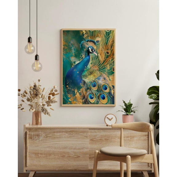 Peacock Luxe Wall Art Print, Teal Gold Emerald Modern Bird Poster, Vibrant Jewel-Tone Decor, Bold Regal Statement Piece, Poster Only