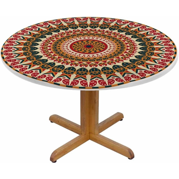 Peacock Mandala Round Table Cloth Colorful Round Ethnic Elastic Edged Table Cover Fade And Stain Resistant Table Cloths Easy To Clean Fits Tables 40-44" Diameter
