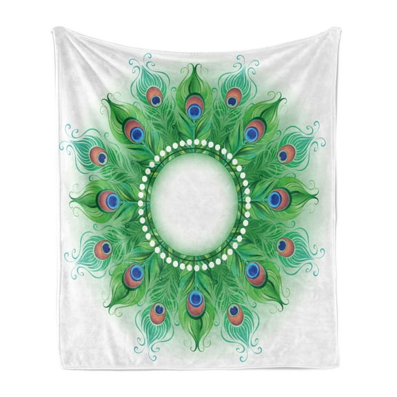 Peacock Mandala Soft Flannel Fleece Throw Blanket, Tropical Look Green Tone Holistic Design of Peafowl Tail Feathers, Cozy Plush for Indoor and Outdoor Use, 50" x 60", Multicolor, by Ambesonne