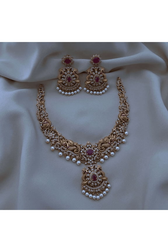 Peacock Matte Gold Finish Haram Necklace with Jhumka Earrings - AD Ruby & Green Kemp Stones, South Indian Bridal Jewelry Antique Bollywood Wedding Choker Set