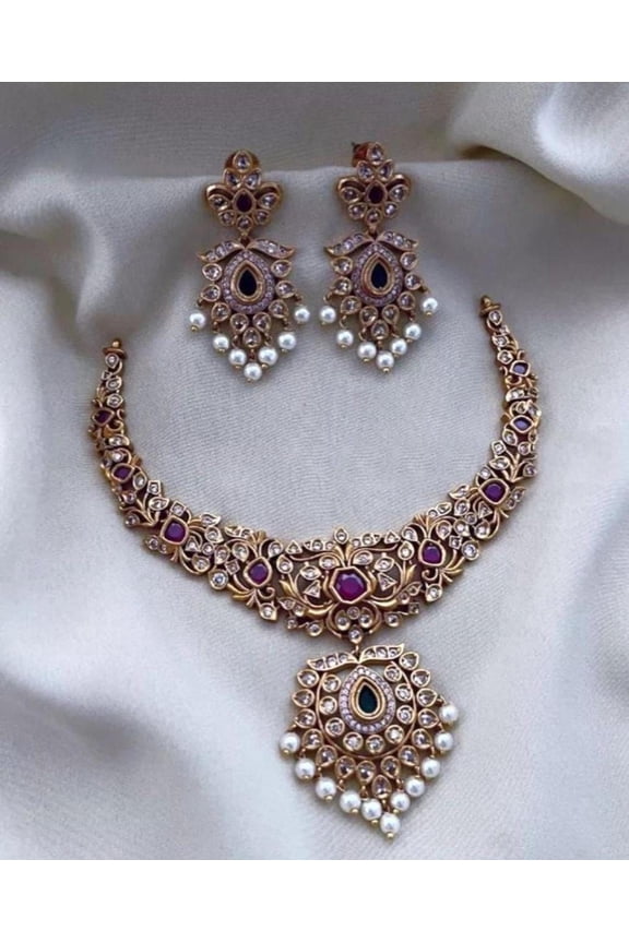Peacock Matte Gold Finish Haram Necklace & Jhumka Earrings Set AD Ruby Green Kemp Stones South Indian Bridal Jewelry