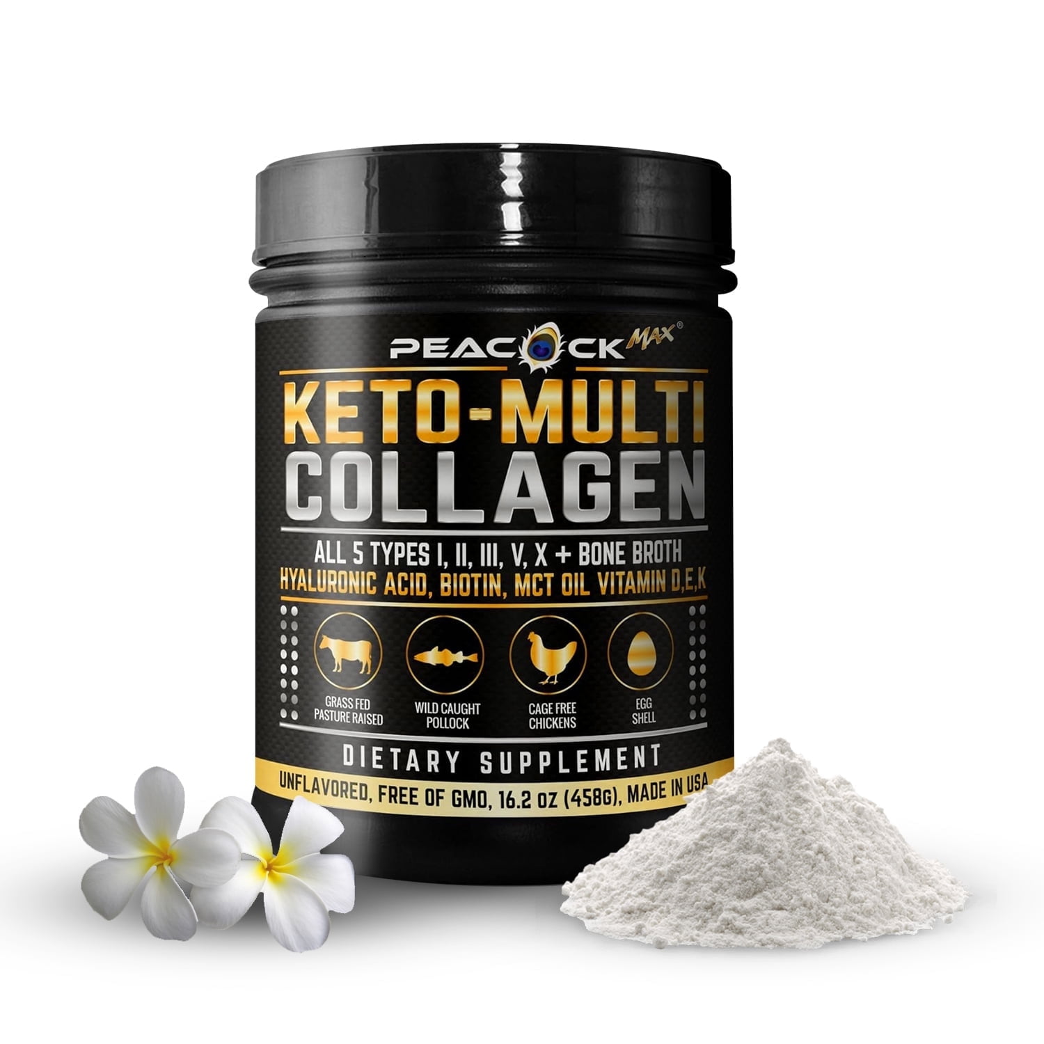 Peacock Max Keto Multi Collagen Powder  16 oz, Unflavored 5 Types Hydrolyzed Peptides, MCT, Biotin