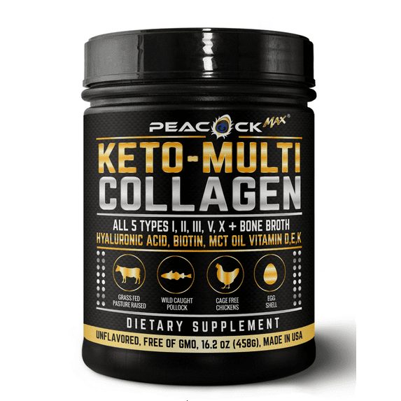 Peacock Max Keto Multi Collagen Powder – 16 oz, Unflavored 5 Types Hydrolyzed Peptides, MCT, Biotin