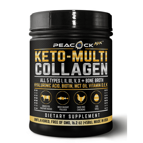 Peacock Max Keto Multi Collagen Powder 16 oz, Unflavored 5 Types Hydrolyzed Peptides, MCT, Biotin