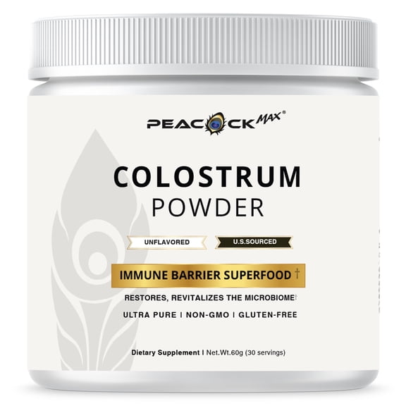 Peacock Max Colostrum Powder 60g (30 Servings), Unflavored Bovine Colostrum Supplement, Superfood for Hair, Skin & Gut Health, Gluten-Free, Non-GMO