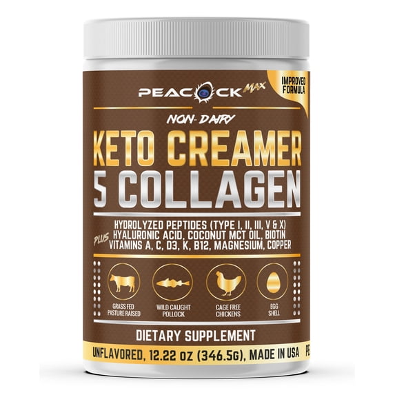 Peacock Max Keto Creamer Collagen Peptide Powder, MCT, Unflavored, 12.2 oz