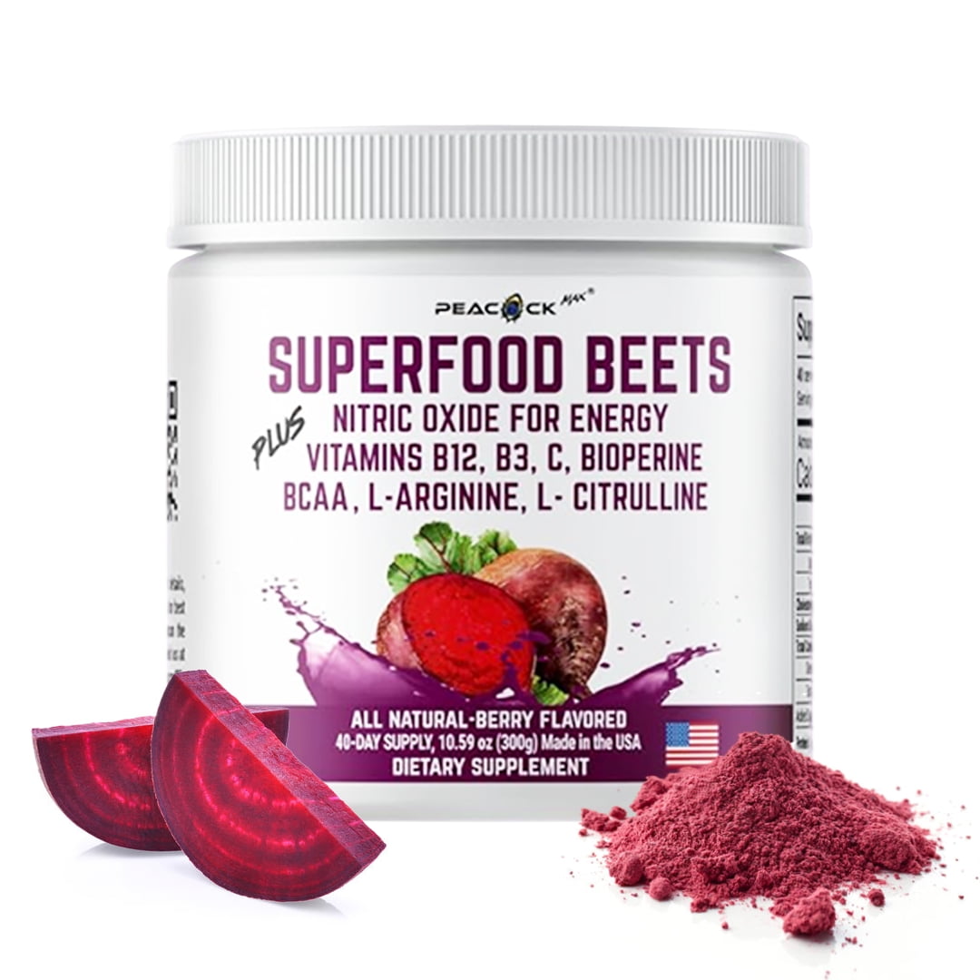 Peacock Max Superfood Beet Powder with Nitric Oxide, Green Tea, BCAA - 10.6 oz