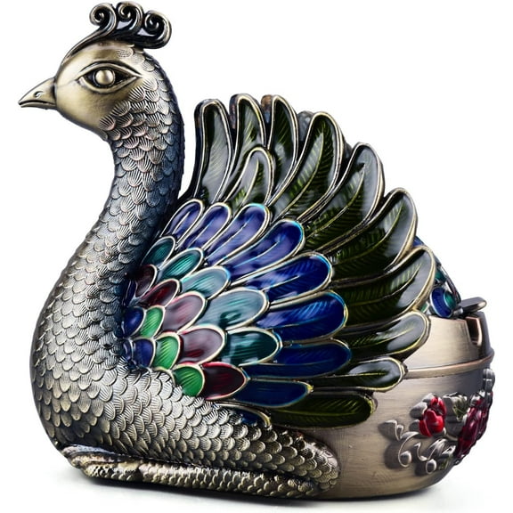 Peacock Metal Ashtray with Lid, Windproof Portable Cigarette Ashtray for Indoor or Outdoor Use, Ash Holder for Smokers, Desktop Smoking Ash Tray for Patio Porch Reception Decoration (Bronze)
