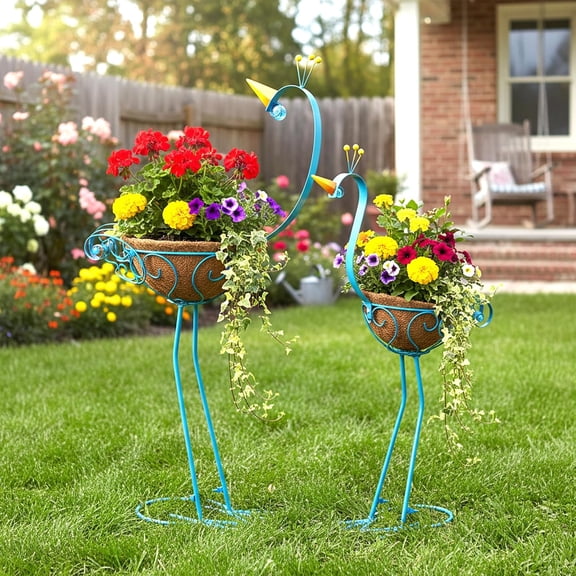 Peacock Metal Plant Stand 2 Sets Flower Pots Holders, Planters for Outdoor | ; Plants with Coconut Pots, Front Porch Garden Balcony Patio Decor for Plant, Great gift choice; Garden Lawn Yard Dcor