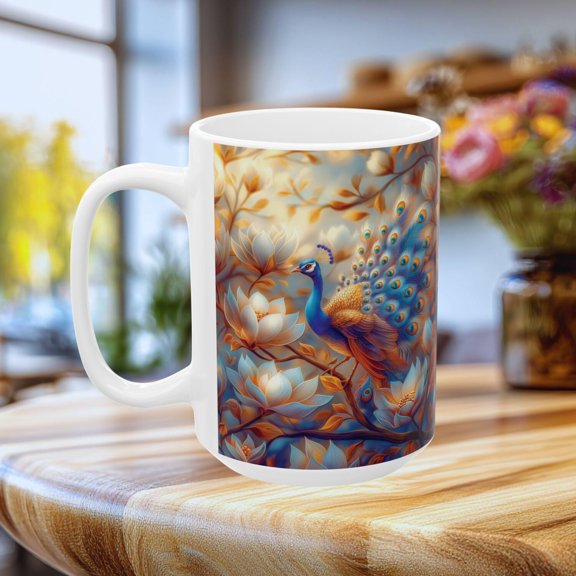 Peacock Mug, Bird Coffe Mug, Floral Kitchen Decor Gift