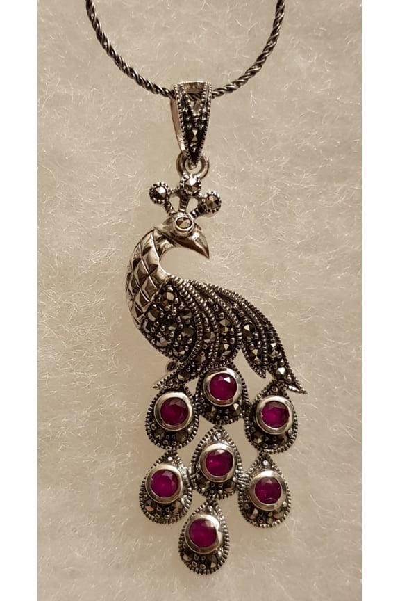Peacock Necklace / Pendant in Marcasite and Ruby on Genuine 925 Sterling Silver Handmade (Adjustable Ring is available for Separate Purchase)