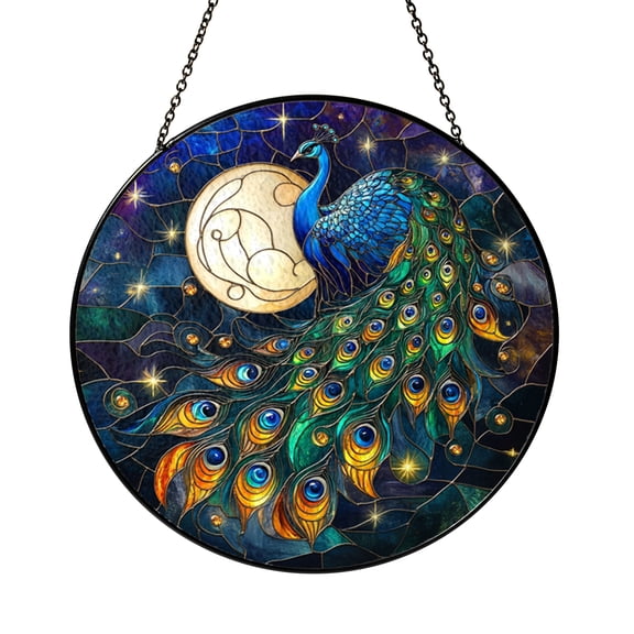 Peacock Night Sky Faux Stained Glass Window Panel – Decorative Art