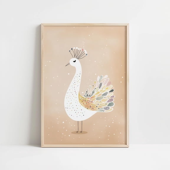 Peacock Nursery Poster: Earth Tone Bird Wall Art, Modern Animal Illustration, Stretched Canvas Size 12x18
