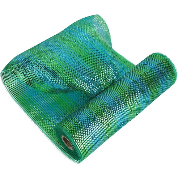 Peacock Ombre Deco Mesh 10 Inch Deluxe Wide Foil Metallic Xmas Mesh Christmas Tree Ribbon Ombre Mesh Ribbon for Christmas Tree, Wreaths, Garland, Gift Wrapping, Bows Making (30 Feet)