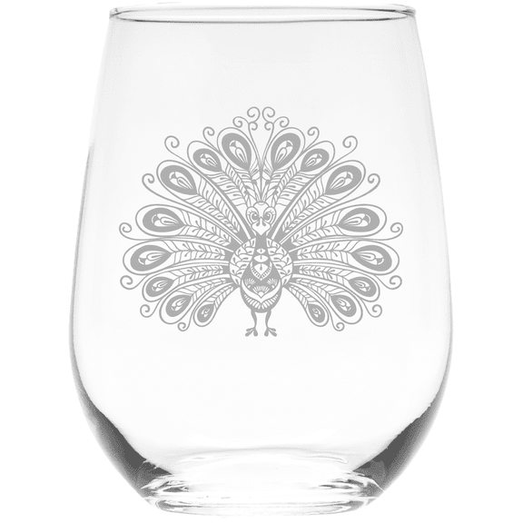 C&M Personal Gifts 17 oz Peacock Stemless Wine Glass  (Style P3)