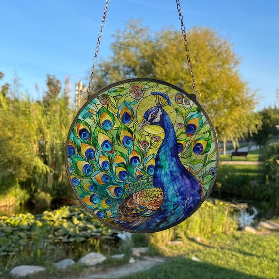 Peacock Painted Glass Suncatcher, Window Hanging Decor, Outdoor Sun Catcher Decor, Colorful Animals Wall Decor, Suncatcher Window Hanging, 3.5 in