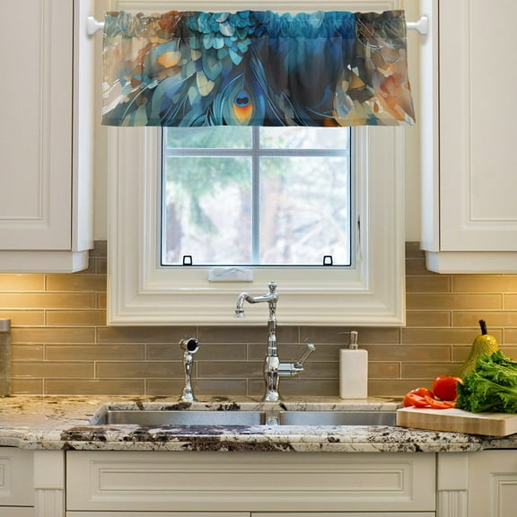 Peacock Painting Flowers Curtain Valances Farmhouse Design Window Treatment Decor Blackout Rod Pocket for Windows Living Room Kitchen 54" x 18"