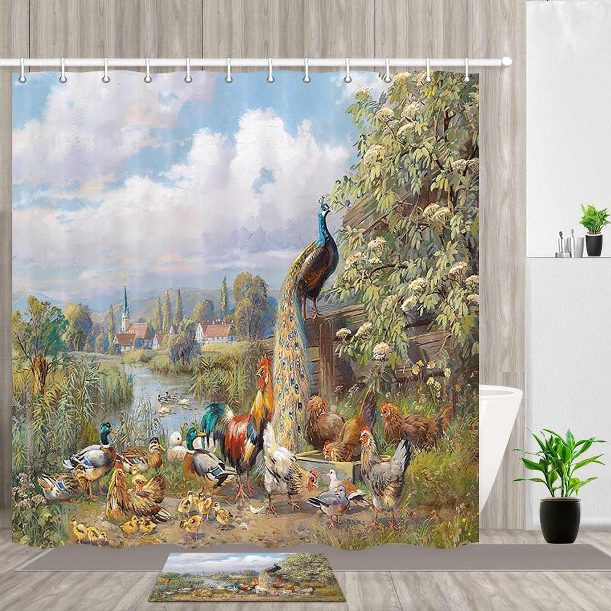 Peacock Paradise: Farmhouse Animal Shower Curtain & Rug Set for a ...