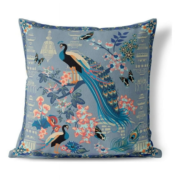 Peacock Paradise Indoor/Outdoor Broadcloth Fabric Pillow in Blue 16x16
